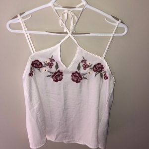 White Halter Tank w/ Rose Embroidery